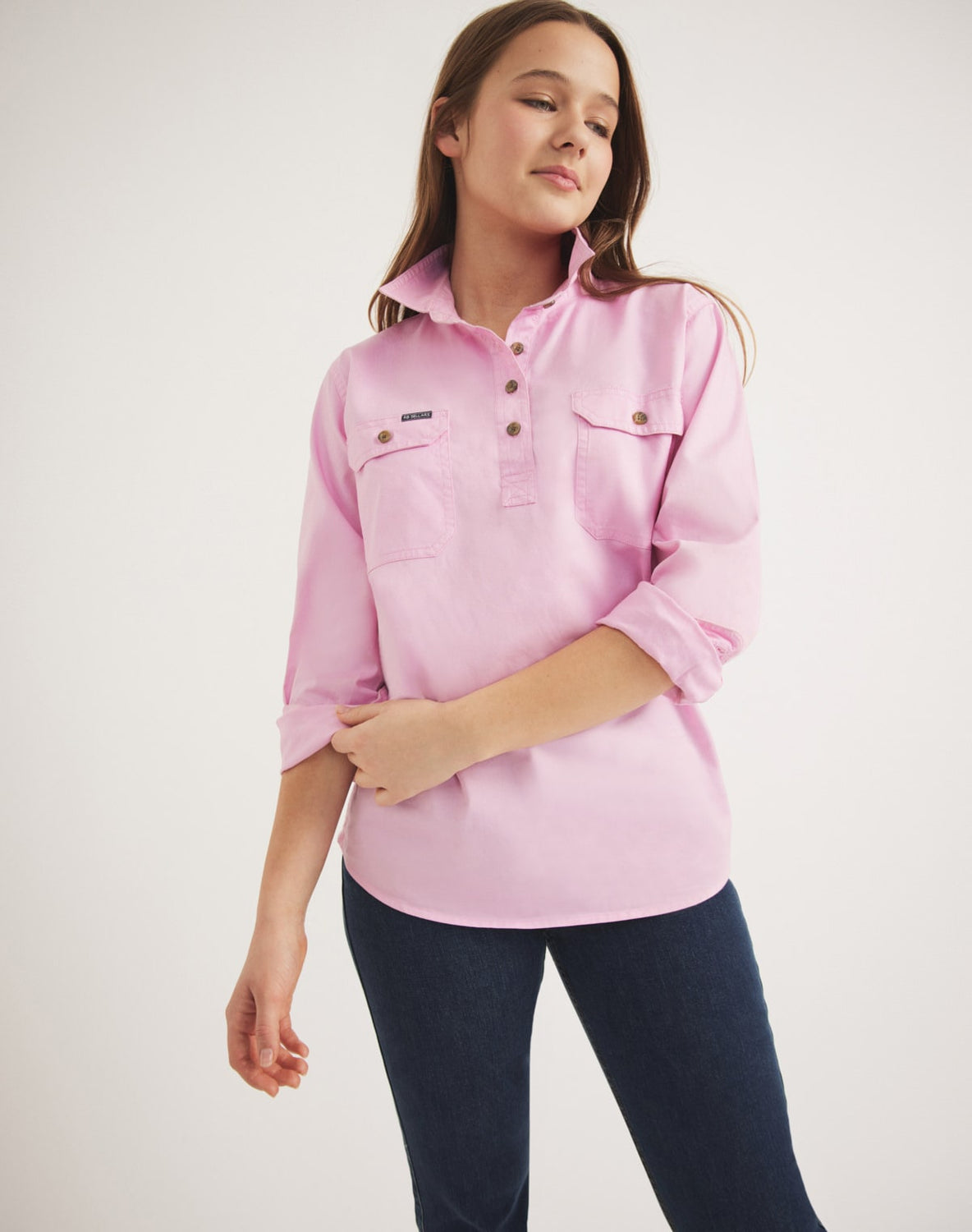 RB Sellars pink cotton twill shirt for girls – lightweight, breathable, and ideal for outdoor adventures.