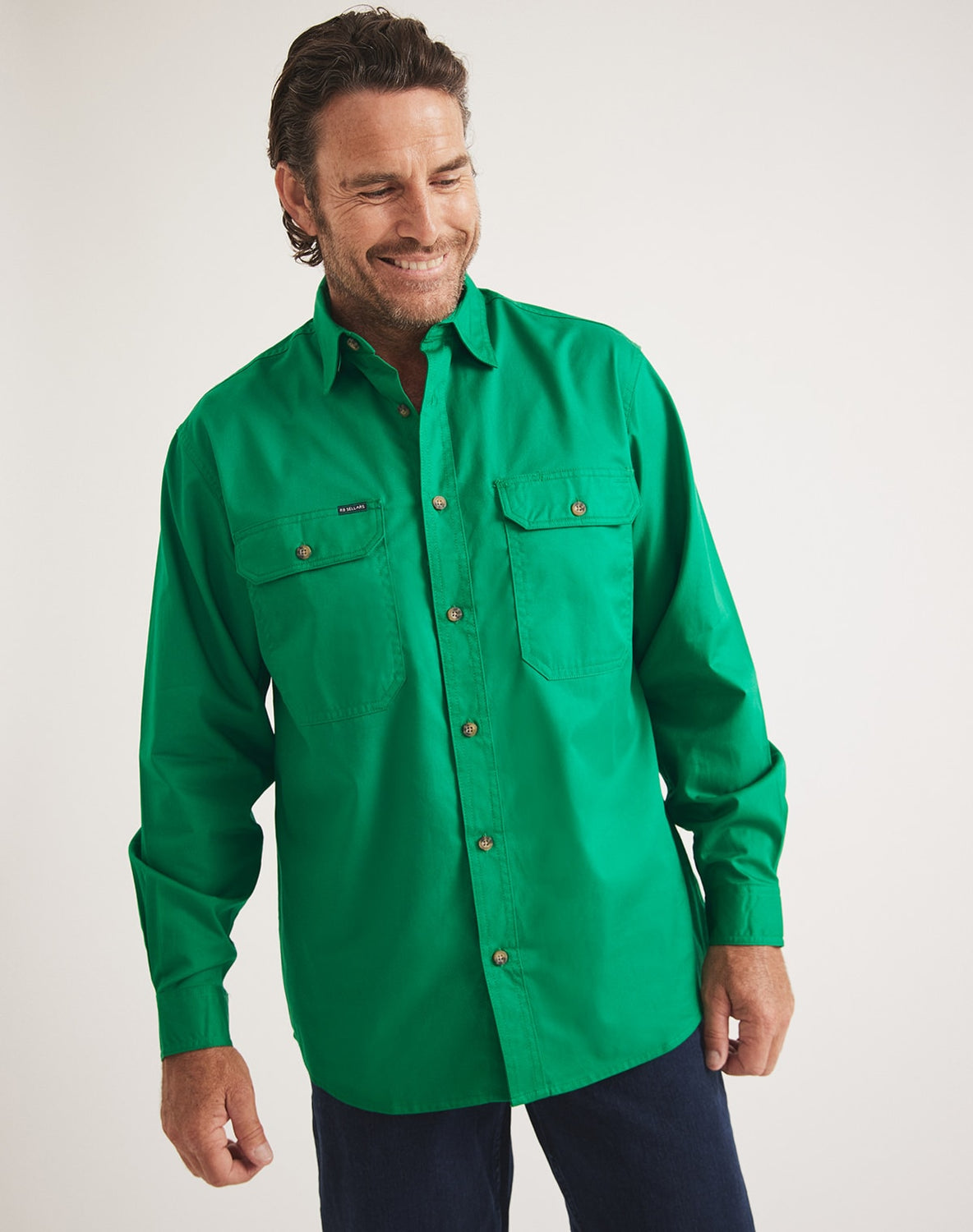 RB Sellars men's long-sleeved work shirt – green mid-weight cotton twill with UPF 50, ideal for equestrian, gardening, and fly fishing.