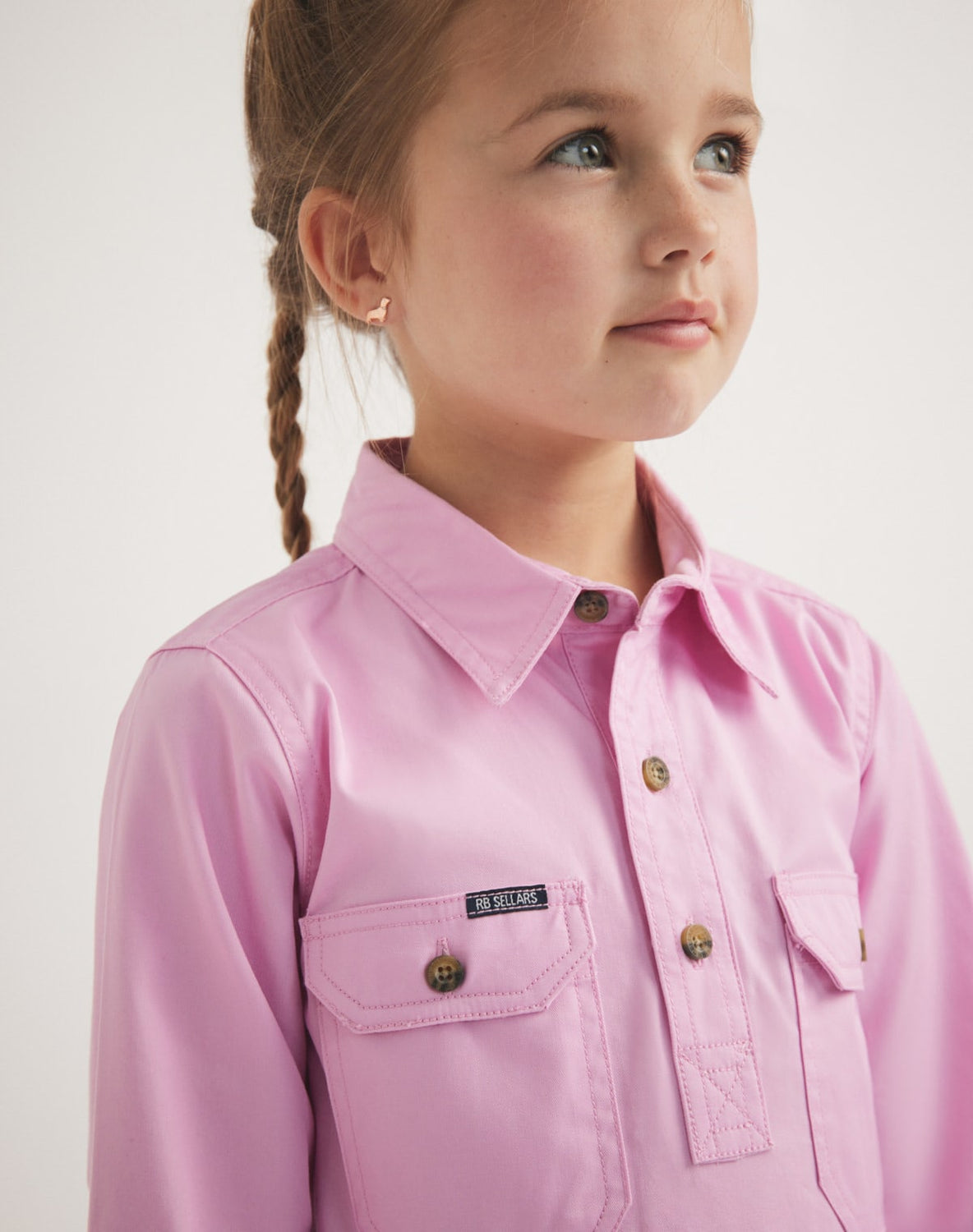 RB Sellars girls' pink cotton twill work shirt – durable, long-sleeved, and perfect for country wear.