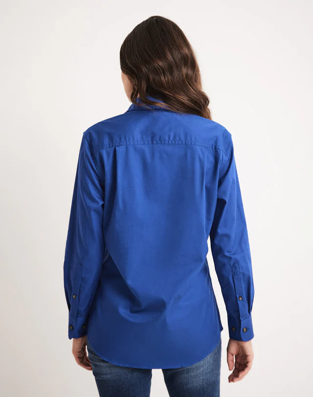 Back View of the Blue Womens Sandy Shirt with Full button and long sleeves