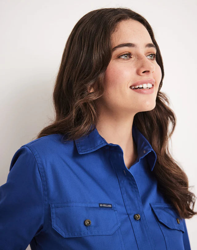 Sandy Full Button Womens Blue Long Sleeved Shirt Close Up