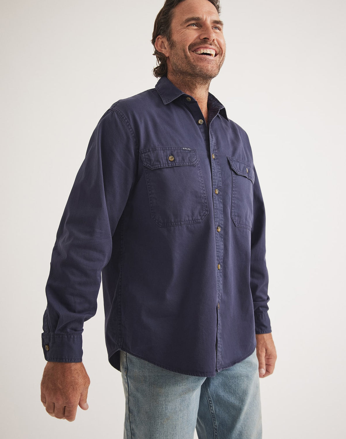 RB Sellars men's mid-weight cotton twill shirt – navy, UPF 50, long-sleeved, designed for outdoor work and fly fishing adventures.