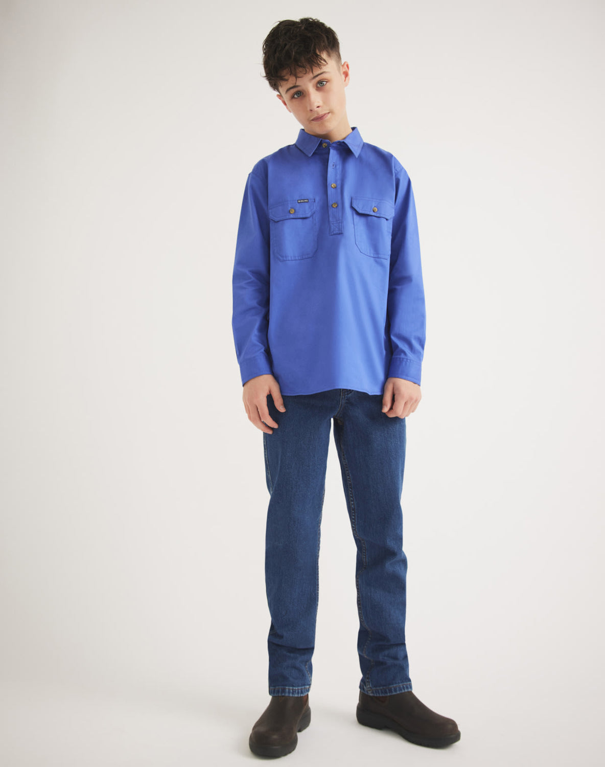 RB Sellars - Burton Junior Workshirt in Blue. Half Button.