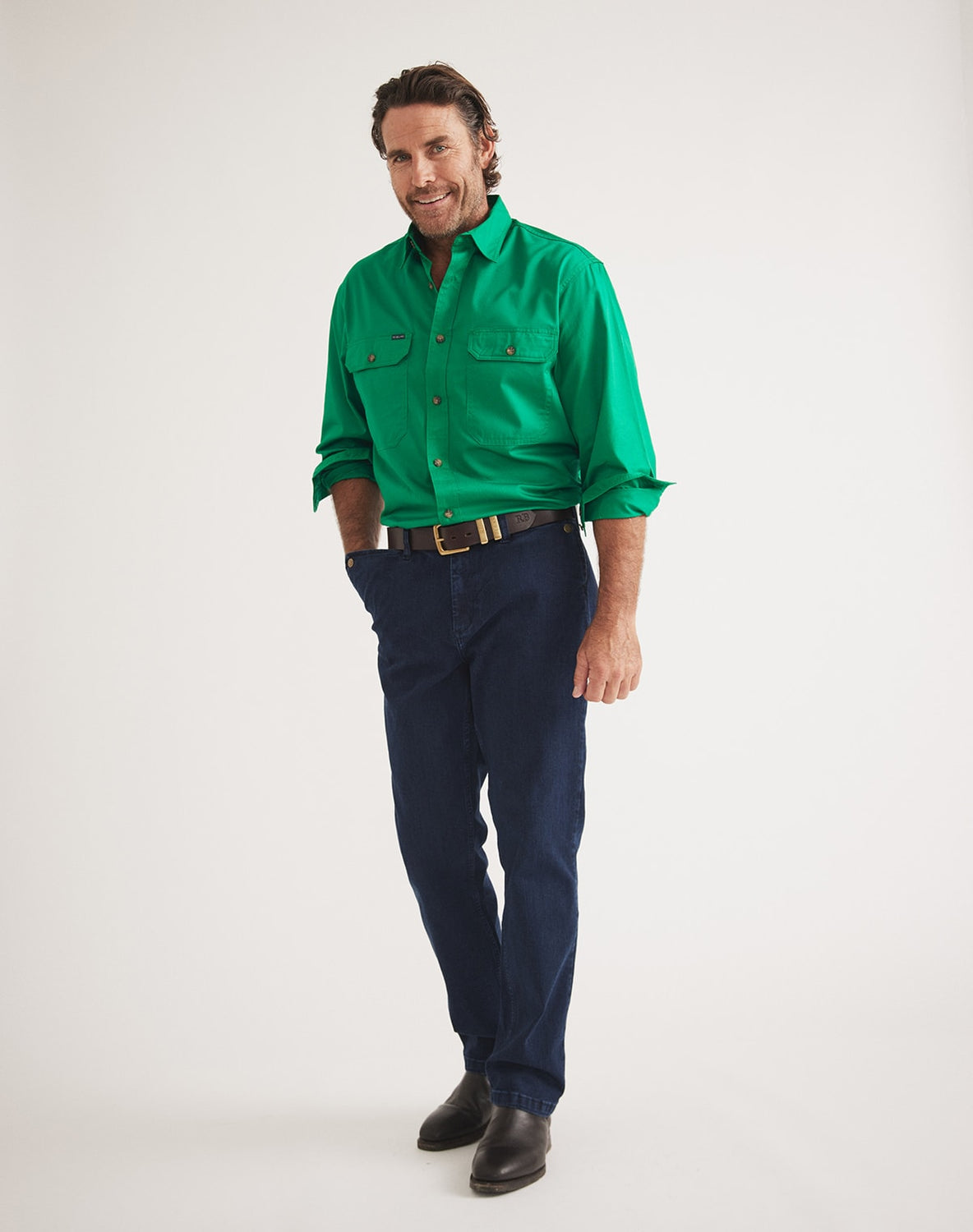 RB Sellars men's green UPF 50 work shirt – long-sleeved, mid-weight cotton twill for farming, gardening, and outdoor work.