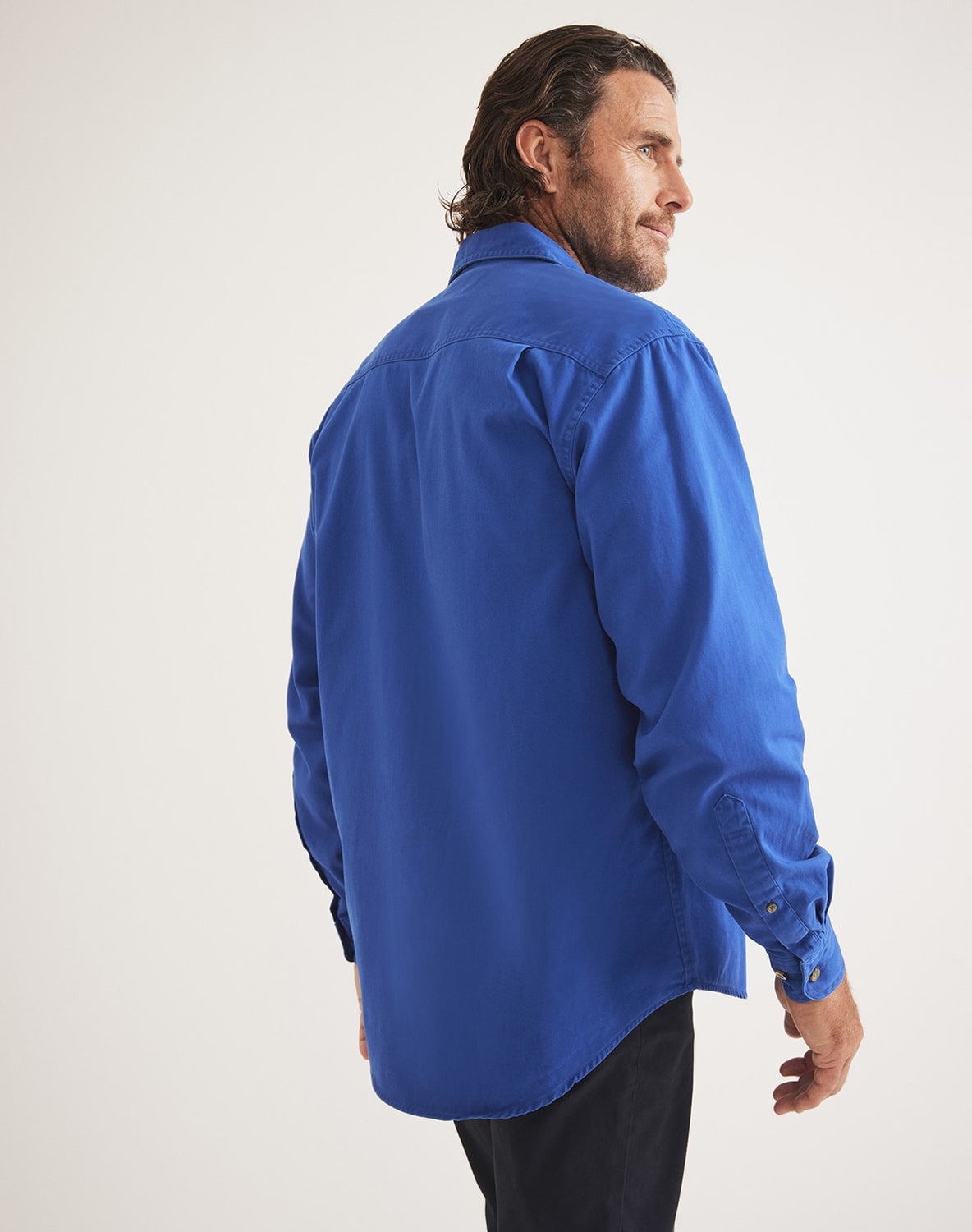 RB Sellars men's mid-weight cotton twill shirt – blue, UPF 50, long-sleeved, ideal for fishing, forestry, and equestrian wear.