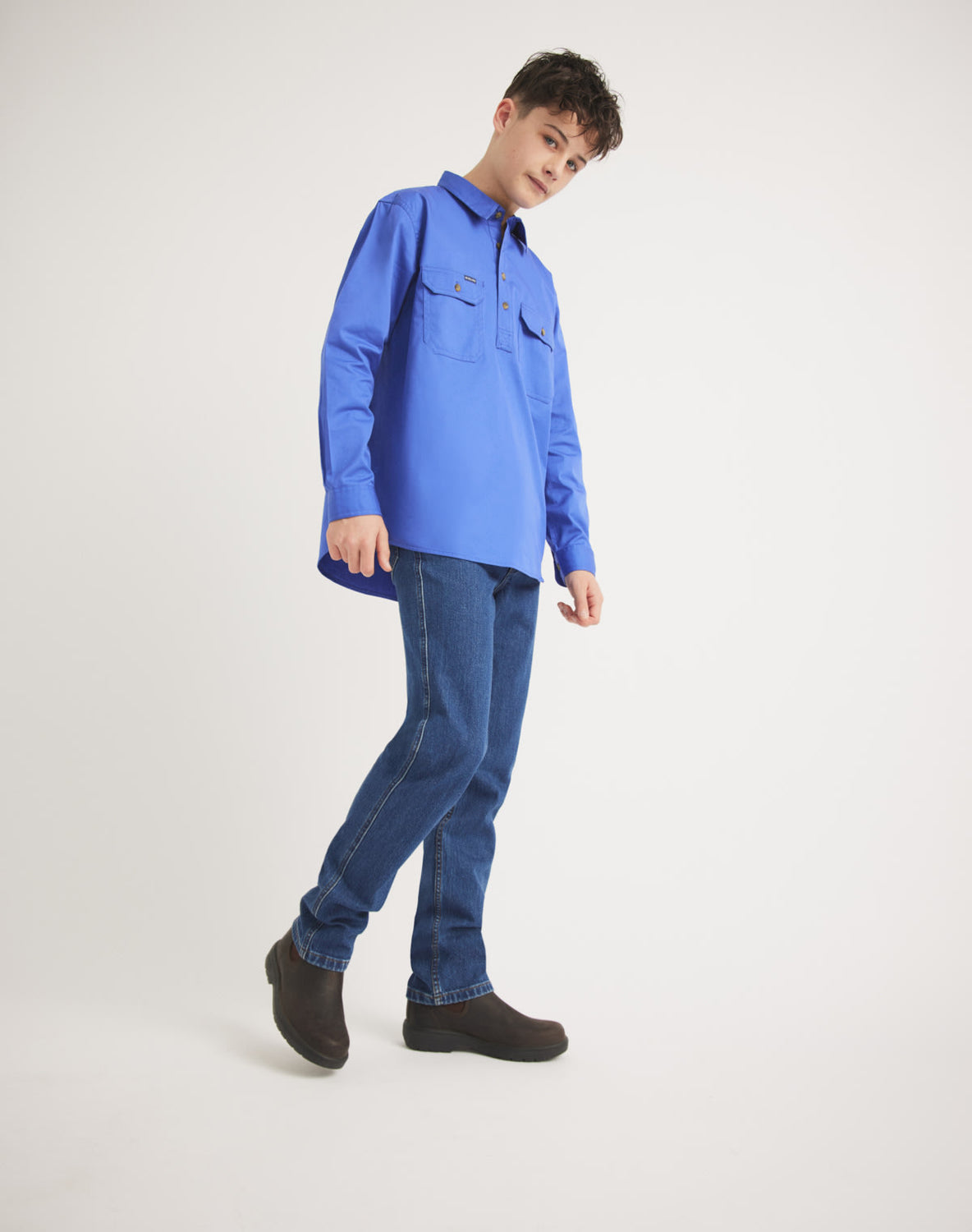 RB Sellars kids' blue UPF 50 cotton twill work shirt – durable, sun-safe, and perfect for outdoor play.