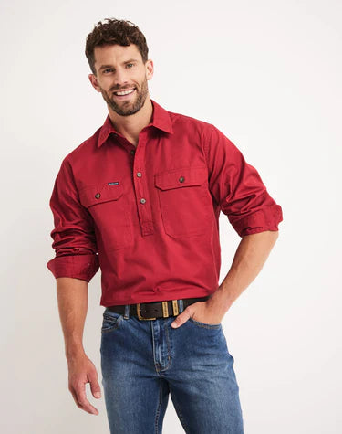 Burton Men's half button workshirt in midweight cotton in cherry red