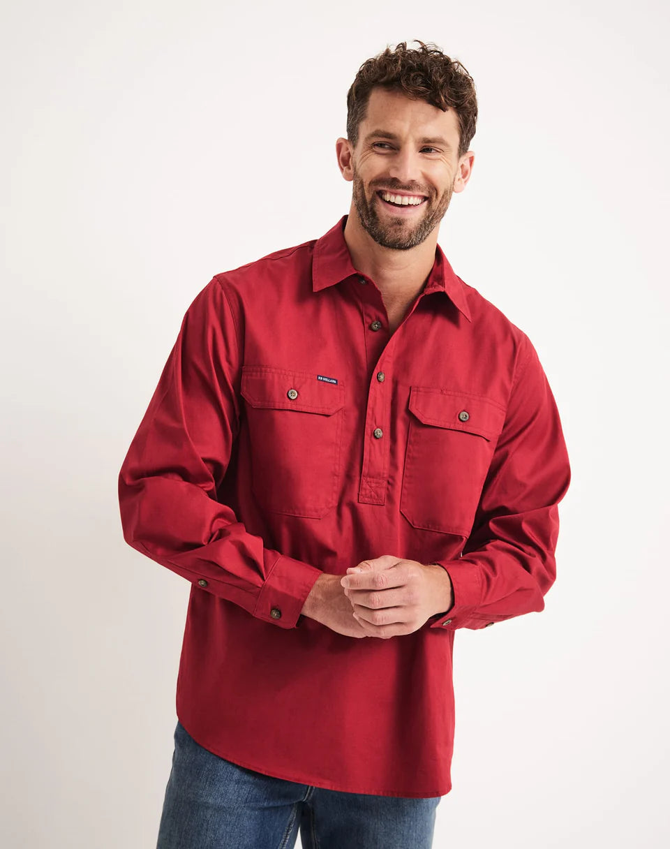 Burton Cherry red workshirt with half button placket and long sleeves