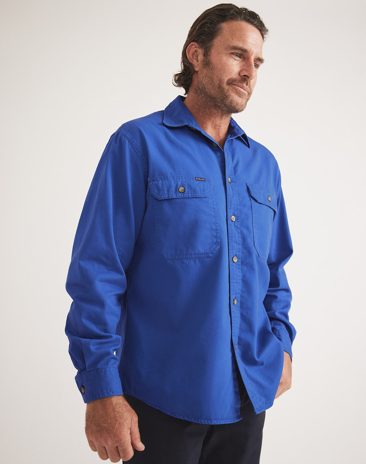 Men’s blue UPF 50 cotton twill shirt by RB Sellars – durable, sun-protective, and ideal for farming, fishing, and forestry.
