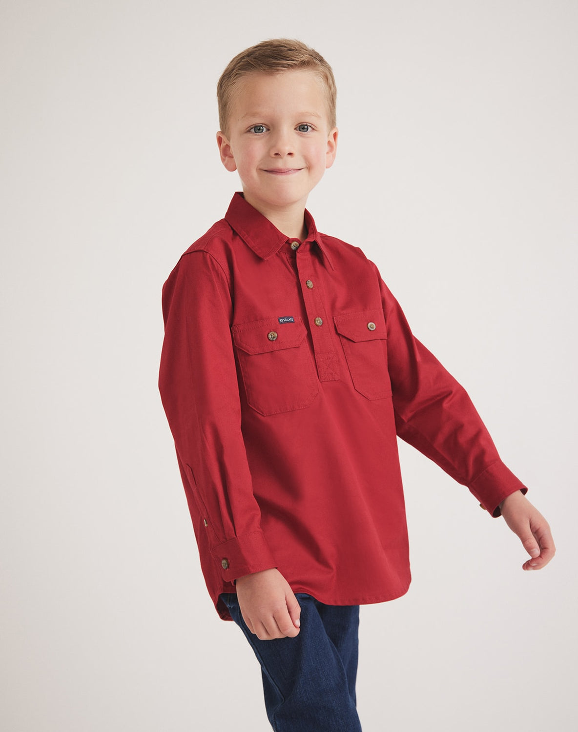 RB Sellars red cotton twill UPF 50 shirt for boys or girls – soft, breathable, and sun-safe for outdoor play.