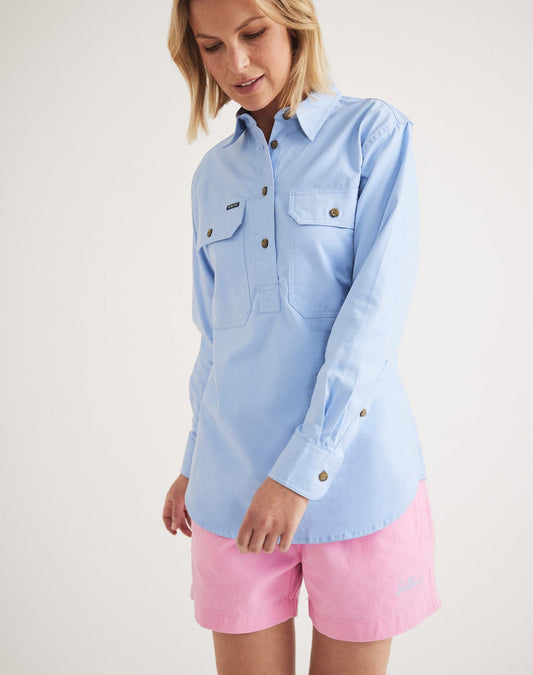 RB Sellars women's light blue UPF 30 work and country shirt – lightweight, long-sleeved cotton twill with half-button closure.