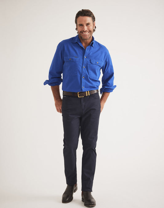 RB Sellars men's blue UPF 50 work shirt – long-sleeved, mid-weight cotton twill for farming, gardening, and outdoor work."