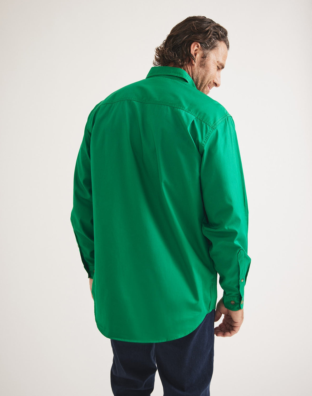 Men’s green UPF 50 cotton twill shirt by RB Sellars – durable, sun-protective, and perfect for forestry, fly fishing, and farming.