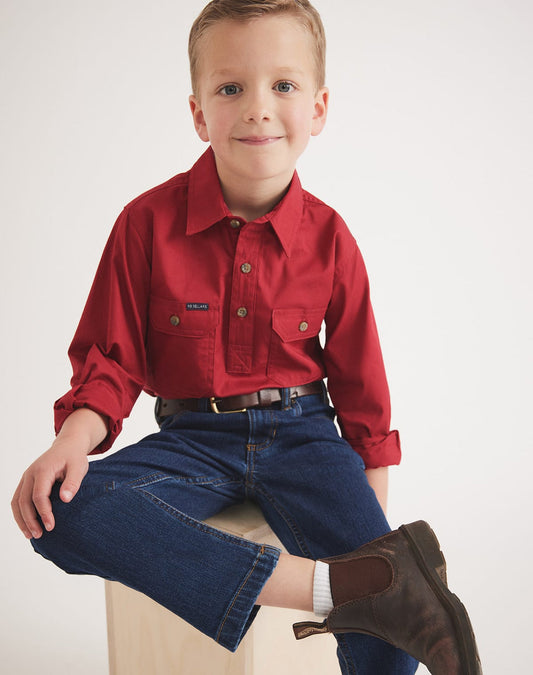 "RB Sellars children's Red cotton twill UPF 50 shirt – a comfortable, long-lasting gift parents will love.