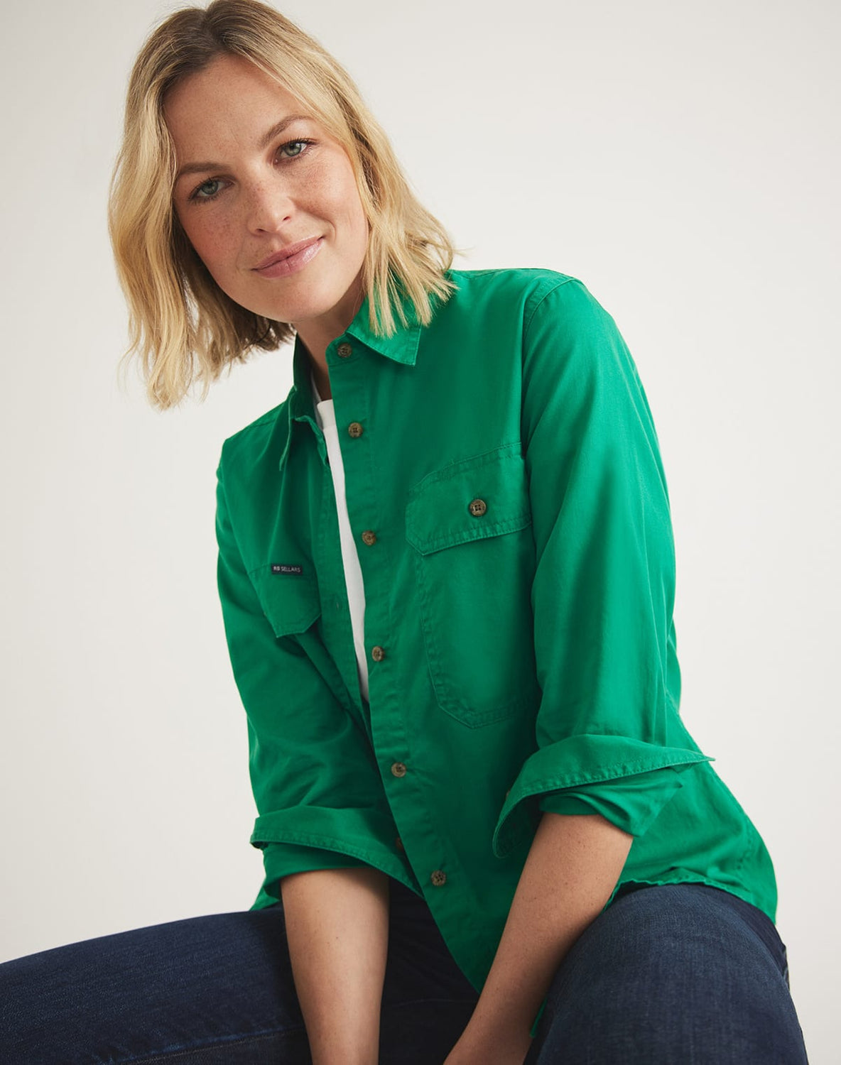 Ladies RB Sellars Sandy Workshirt, Full Buttoned in Green. It is a stylish shirt with adjustable cuffs.