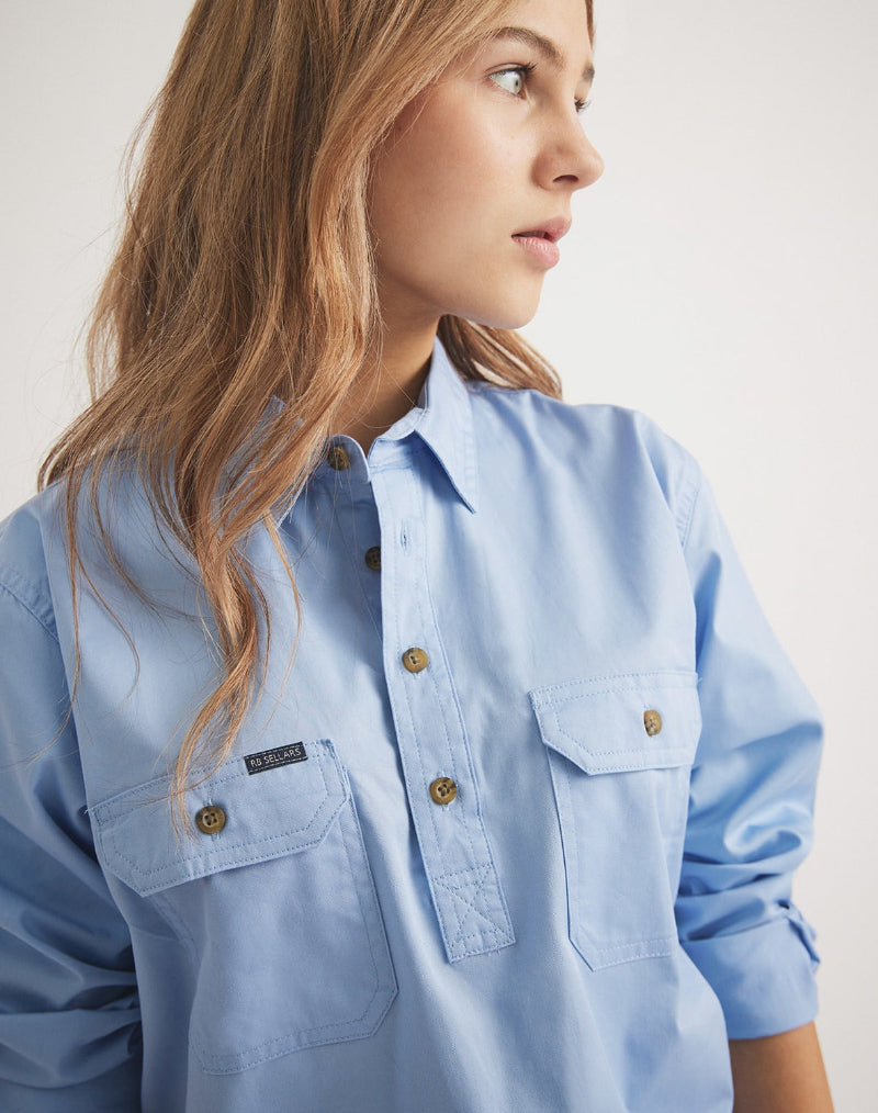 RB Sellars blue cotton twill UPF 30 shirt for girls – comfortable and sun-protective.