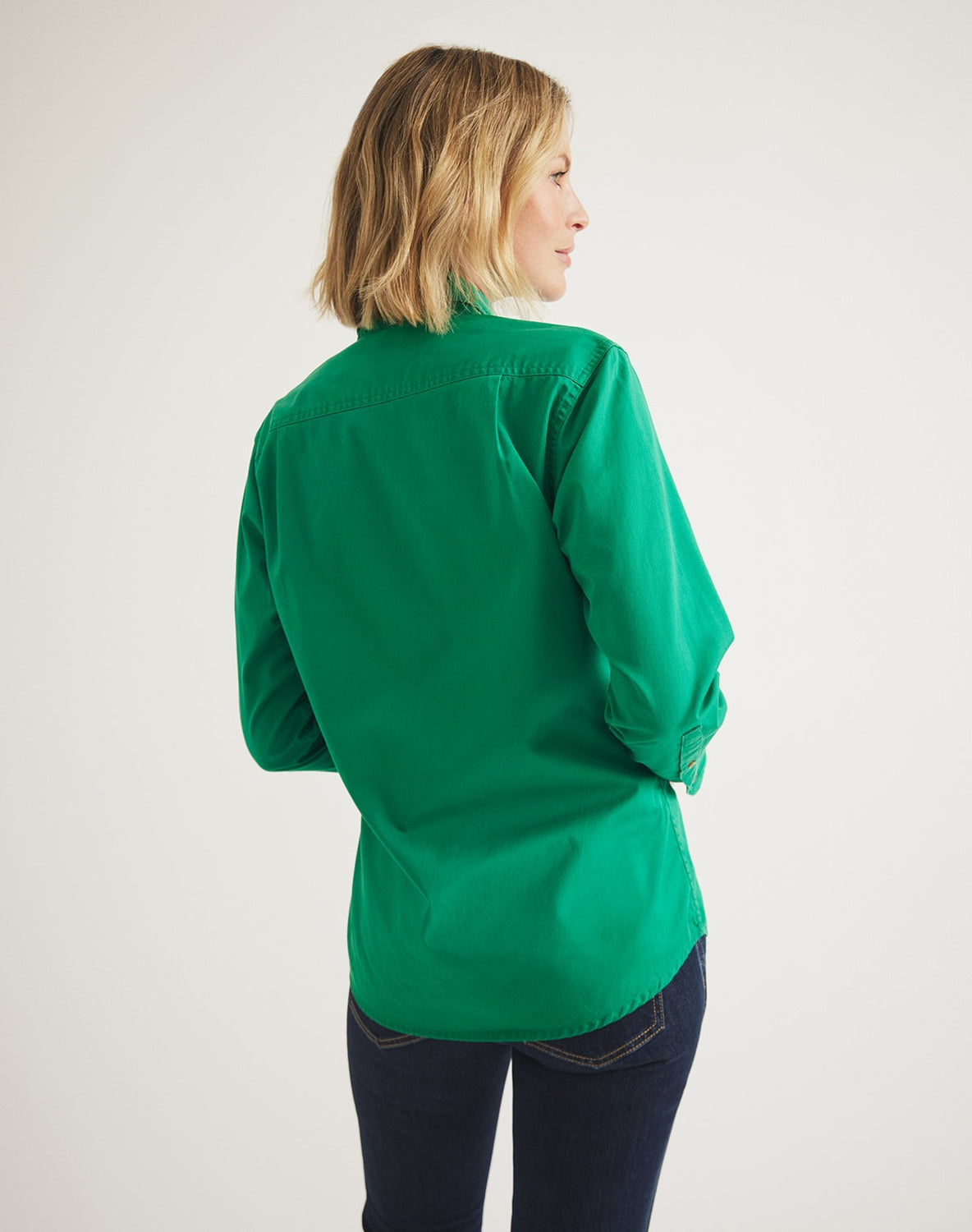 RB Sellars women's full-button country work shirt – green cotton twill, UPF 50 sun protection, and long sleeves.