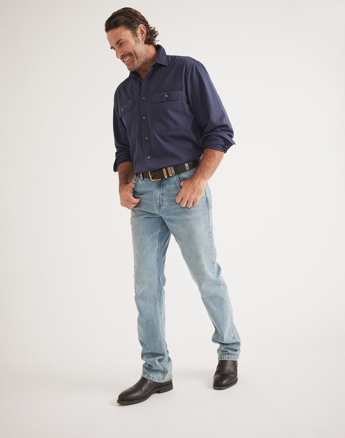 RB Sellars men's navy UPF 50 work shirt – long-sleeved, mid-weight cotton twill for farming, fly fishing, and outdoor work.