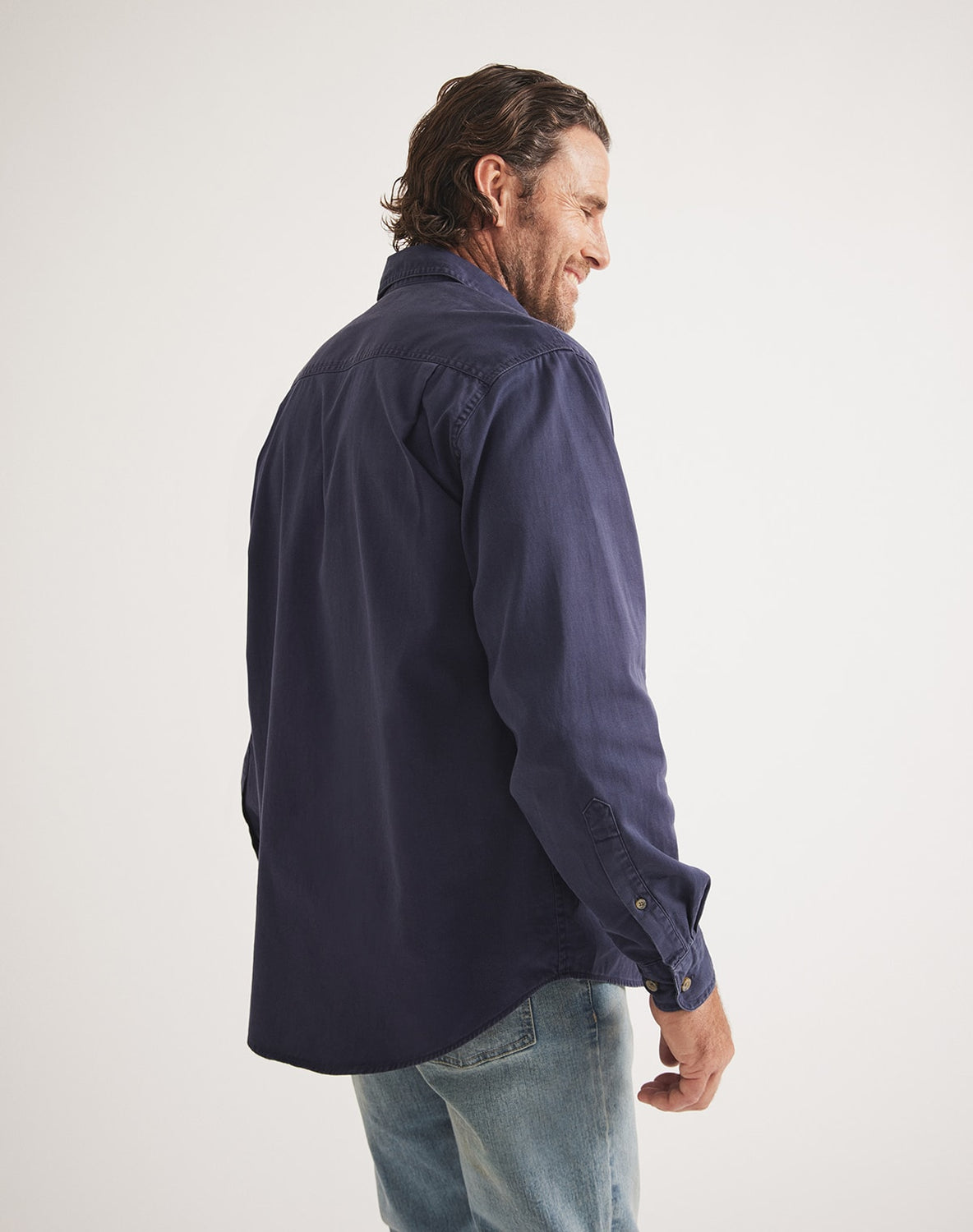 Navy UPF 50 men's work shirt – RB Sellars long-sleeved cotton twill, built for farmers, gardeners, forestry, and fly fishing.