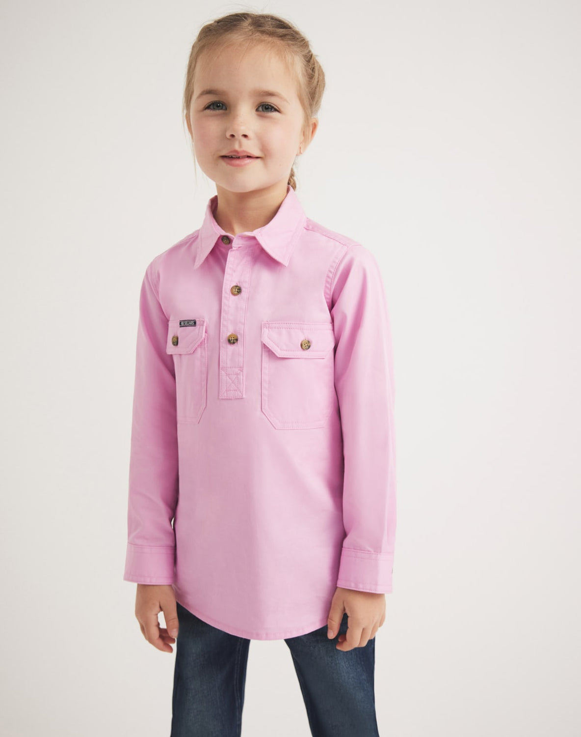 Girls' pink long-sleeved work shirt by RB Sellars – classic cotton twill design for country and farm wear.