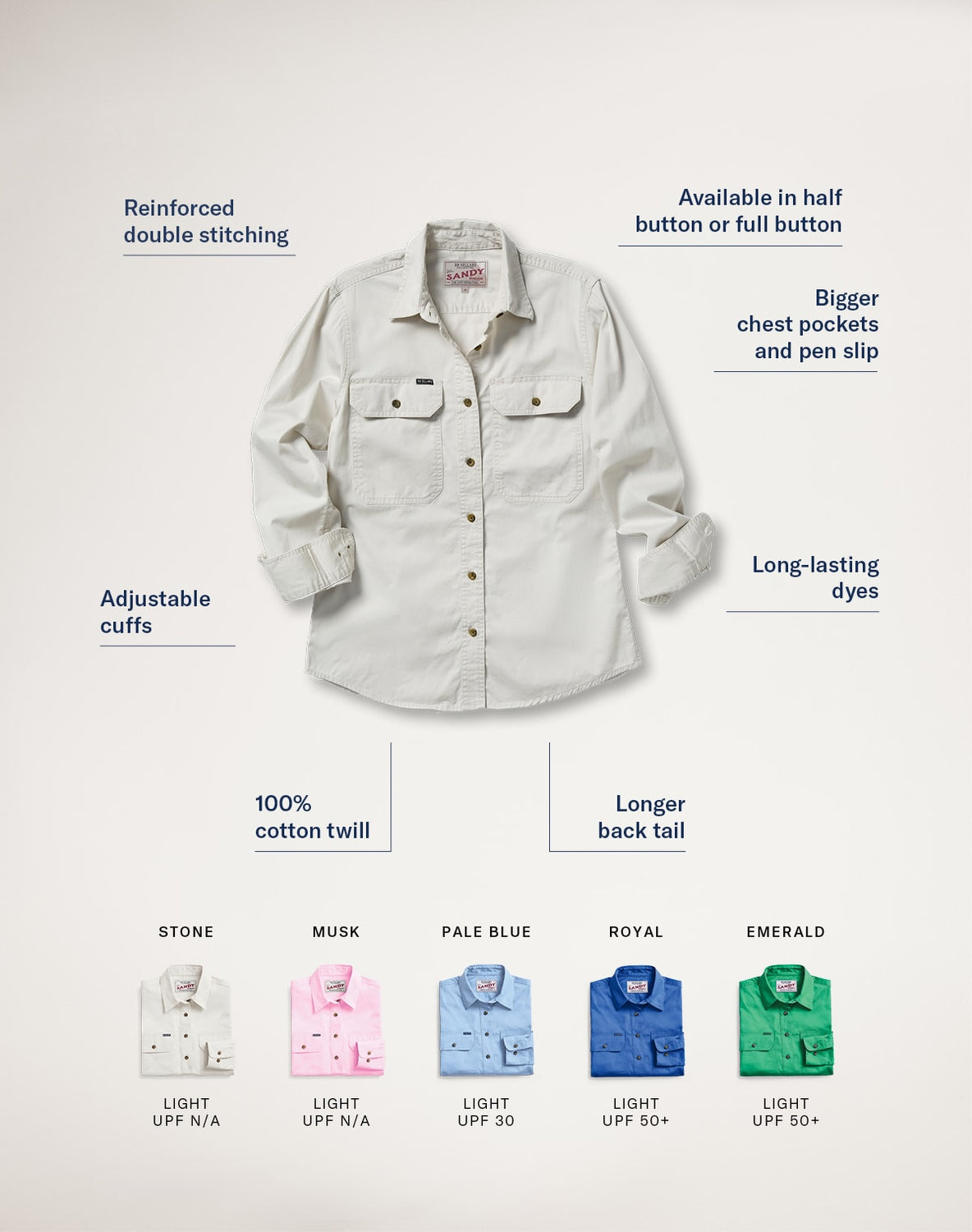 Long-sleeved country work shirt for women – RB Sellars cotton twill for durability and comfort.